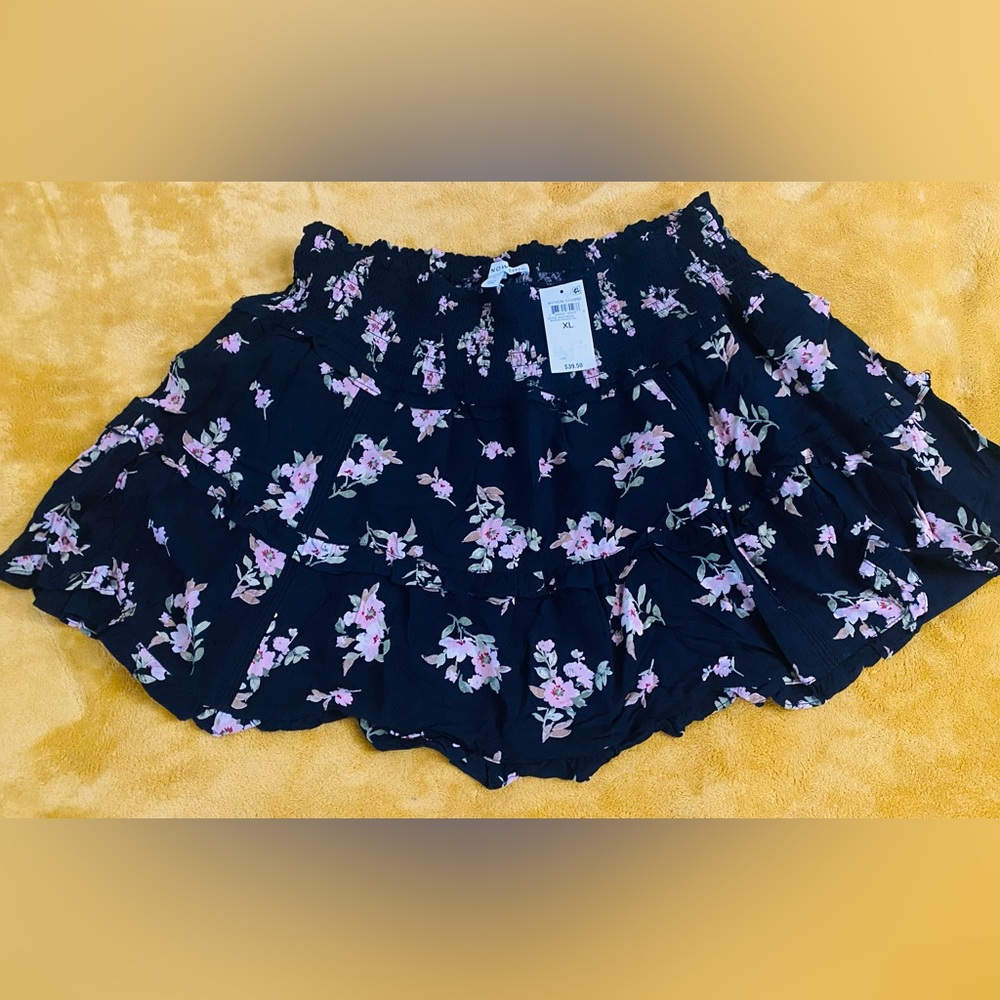 Smocked Waist Black Floral Tiered Skater Mini Skirt